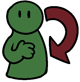 A green person with just a torso, round head, and eyes, touching their chest with an arrow comng from and pointing to them.